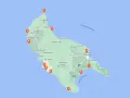 Mapa Zakynthos z zaznaczonymi miejscami, otoczona błękitnym morzem.