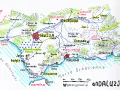 Mapa turystyczna południa Hiszpanii: Sewilla, Kordoba, Granada, Malaga, Almeria. Widoczne wybrzeże, góry i miasta.