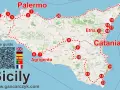 Mapa Sycylii z zaznaczoną trasą podróży po Europie. Punkty od 1 do 20 pokazują ciekawe miejsca.