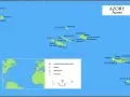 Mapa Azorów na Oceanie Atlantyckim z zaznaczonymi wyspami, miastami i portami.