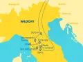 Mapa Włoch z zaznaczoną trasą przez Toskanię: Bolonia, Florencja, Siena, San Gimignano, Piza, Montecatini Terme. Gdzie leży Toskania? Między Szwajcarią a Chorwacją.