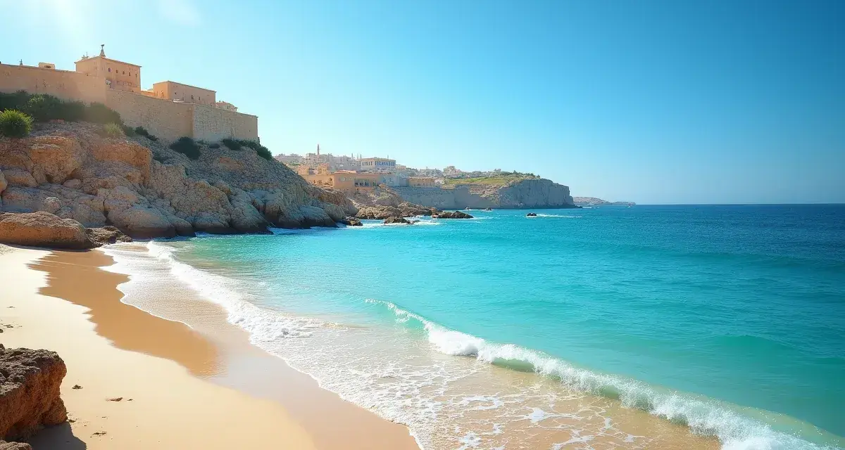 Piękna plaża z turkusową wodą i klifami, na których widać zabudowania. Czy to Cypr czy Malta?