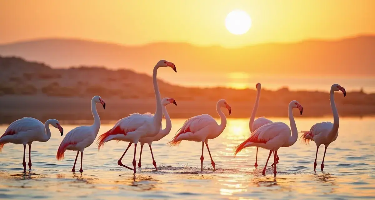 Różowe flamingi na Djerbie spacerują w płytkiej wodzie o zachodzie słońca.