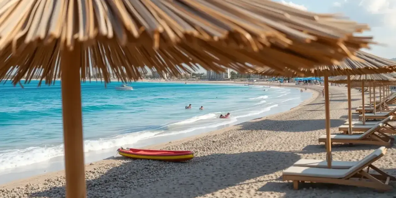 Słoneczny dzień na plaży Nissi Beach. Leżaki pod parasolami, turkusowa woda, kajak i ludzie kąpiący się w morzu.