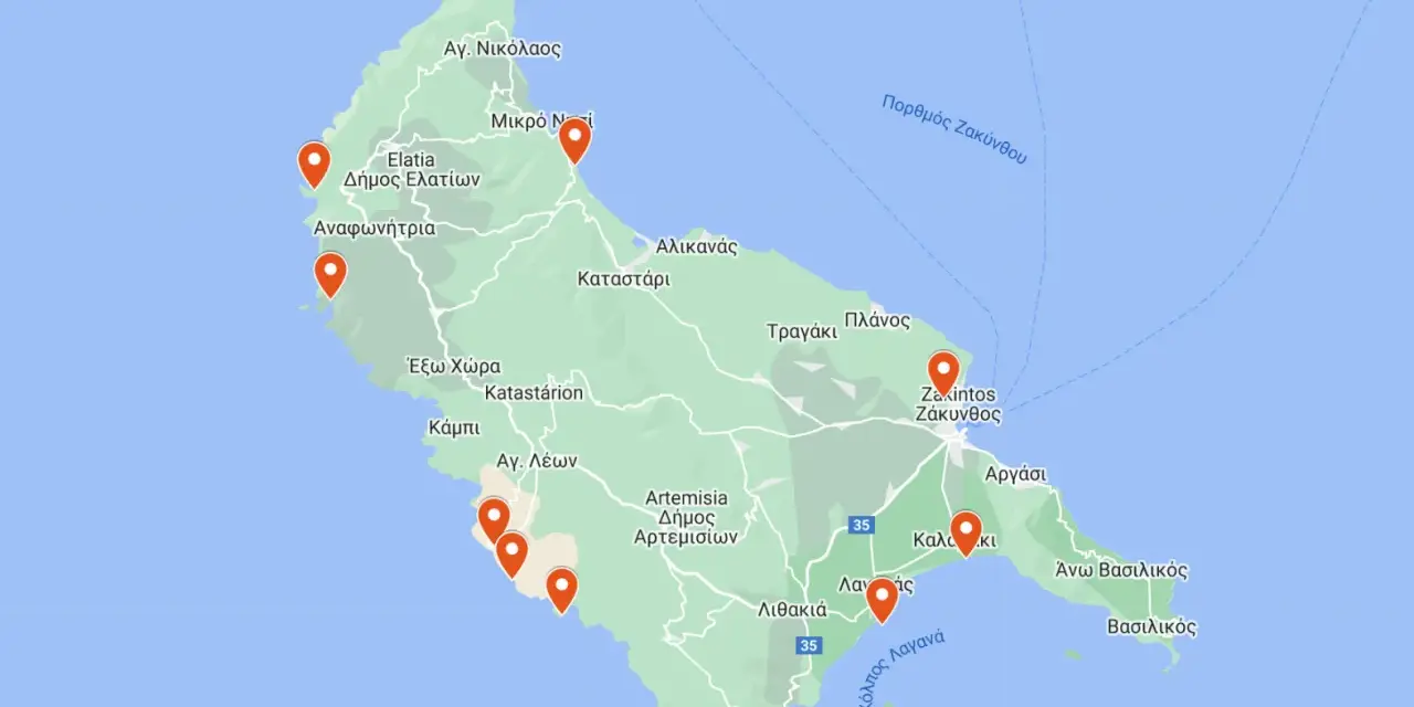 Mapa Zakynthos z zaznaczonymi miejscami, otoczona błękitnym morzem.
