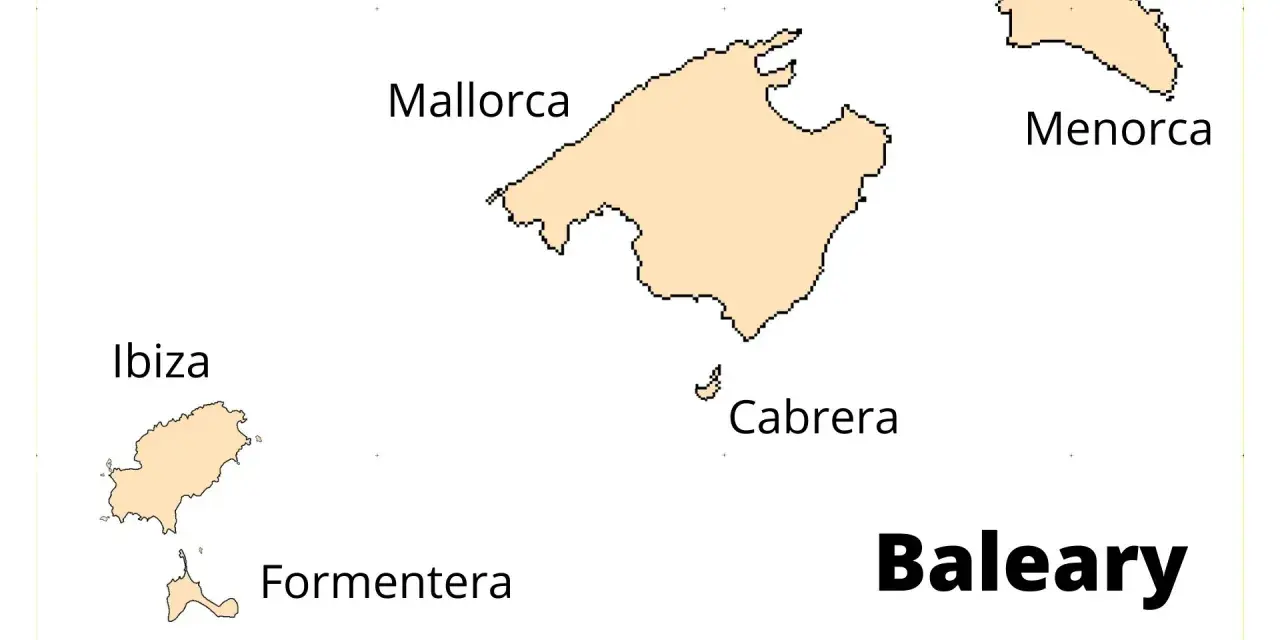 Mapa Balearów: Mallorca, Menorca, Cabrera, Ibiza i Formentera. Gdzie jest Ibiza? Na zachód od Majorki.