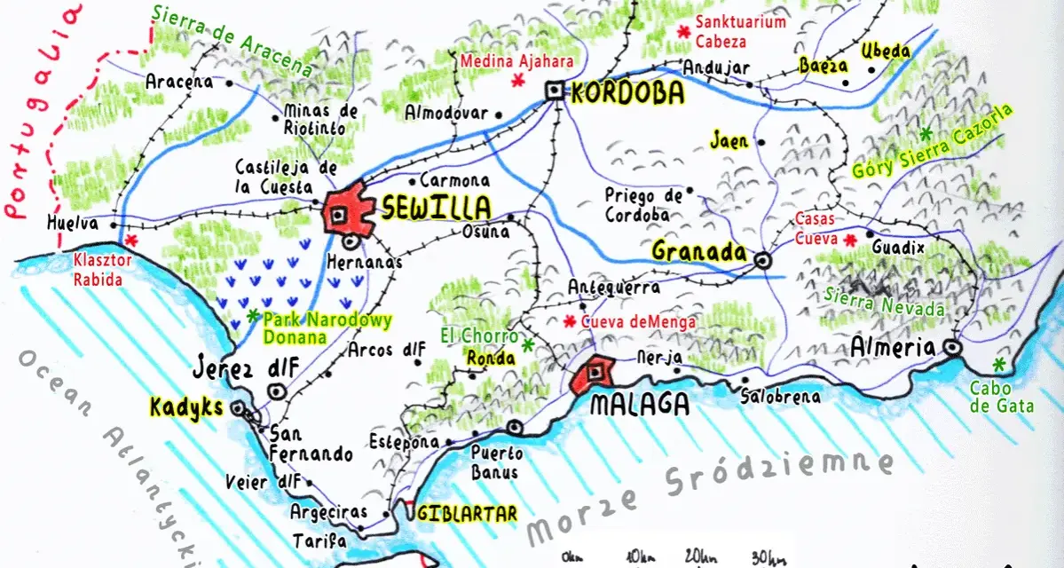 Mapa turystyczna południa Hiszpanii: Sewilla, Kordoba, Granada, Malaga, Almeria. Widoczne wybrzeże, góry i miasta.