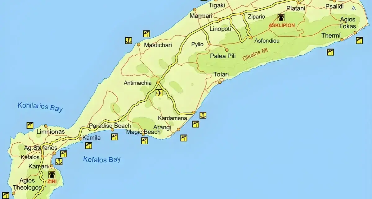 Mapa wyspy Kos z zaznaczonymi plażami (Paradise Beach, Magic Beach), miasteczkami (Kardamena, Tigaki) i górami. Idealna ściągawka, co zobaczyć na Kos!