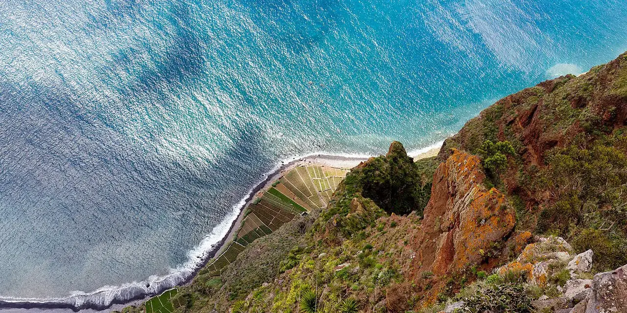 Widok z góry na klif i ocean. Tarasowe pola uprawne w styczniu na Maderze, gdzie pogoda sprzyja zieleni.