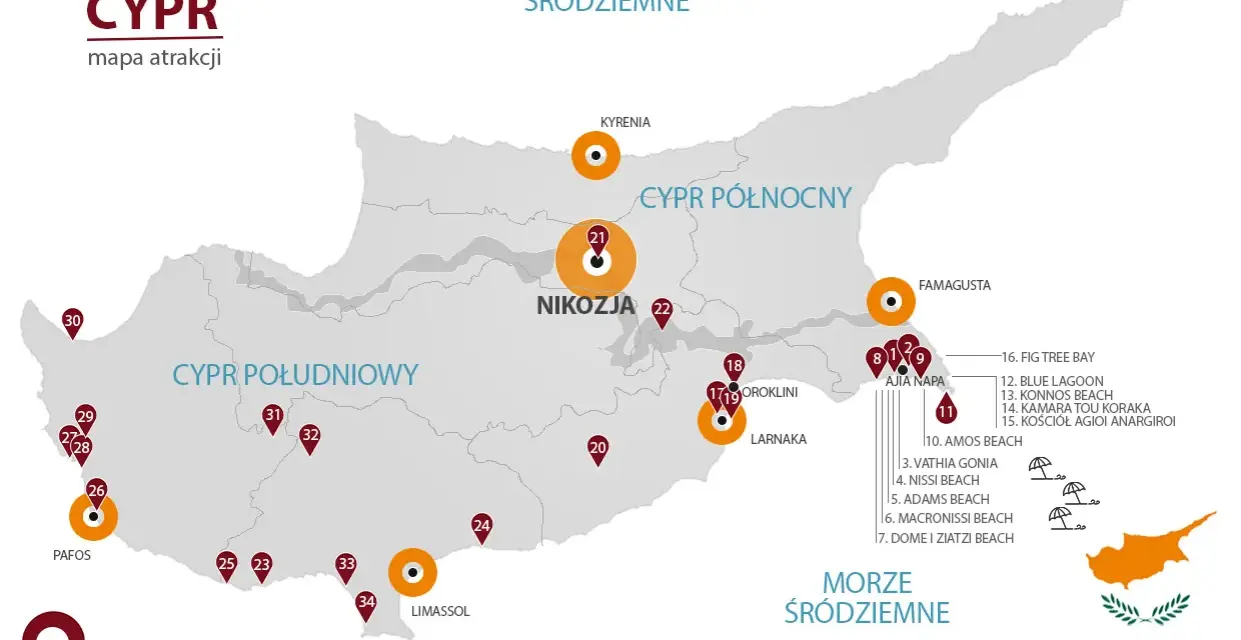 Mapa atrakcji Cypru, idealna na cypr wakacje. Zaznaczone główne miasta i plaże, m.in. Pafos, Limassol, Ajia Napa.