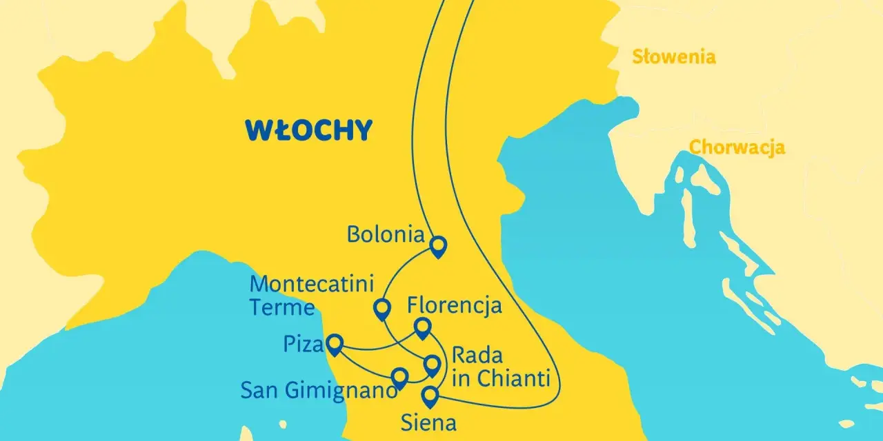 Mapa Włoch z zaznaczoną trasą przez Toskanię: Bolonia, Florencja, Siena, San Gimignano, Piza, Montecatini Terme. Gdzie leży Toskania? Między Szwajcarią a Chorwacją.