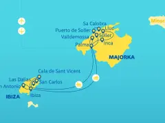 Mapa pokazuje, gdzie leży Majorka, z zaznaczonymi trasami do Ibizy i Minorki.