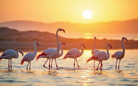 Różowe flamingi na Djerbie spacerują w płytkiej wodzie o zachodzie słońca.