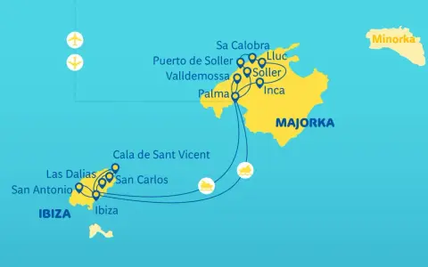 Mapa pokazuje, gdzie leży Majorka, z zaznaczonymi trasami do Ibizy i Minorki.