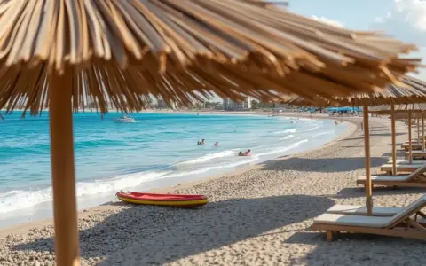 Słoneczny dzień na plaży Nissi Beach. Leżaki pod parasolami, turkusowa woda, kajak i ludzie kąpiący się w morzu.