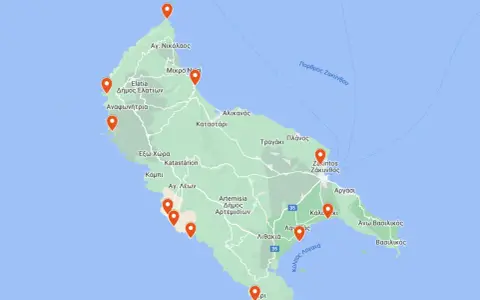 Mapa Zakynthos z zaznaczonymi miejscami, otoczona błękitnym morzem.