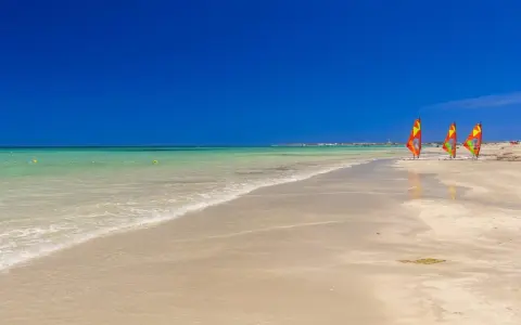 Piękna, słoneczna plaża w Tunezji we wrześniu. Trzy kolorowe żagle desek do windsurfingu stoją na piasku.