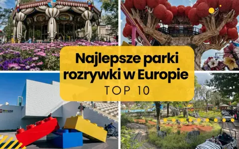 Kolaż zdjęć przedstawiający atrakcje najlepszych parków rozrywki w Europie: karuzela, baśniowe drzewo, budynek z klocków Lego i przejażdżka z figurkami zwierząt.