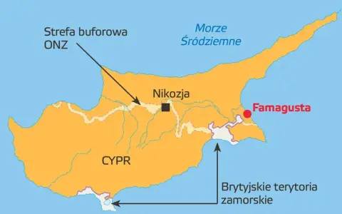Mapa pokazuje, gdzie leży Cypr na Morzu Śródziemnym, z zaznaczoną Nikozją, Famagustą i strefą buforową ONZ.