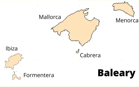 Mapa Balearów: Mallorca, Menorca, Cabrera, Ibiza i Formentera. Gdzie jest Ibiza? Na zachód od Majorki.