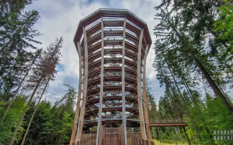 Wieża widokowa w otoczeniu lasu, idealne miejsce na spacer po koronach drzew w czeskich Karkonoszach.