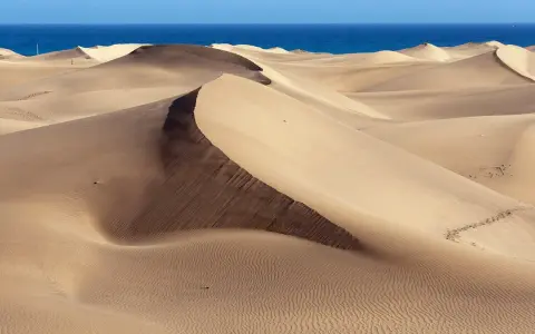 Pofaśne wydmy Maspalomas tworzą pustynny krajobraz, gdzie piasek faluje ku błękitnemu oceanowi.