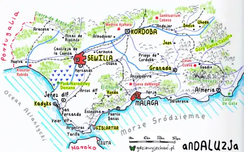 Mapa turystyczna południa Hiszpanii: Sewilla, Kordoba, Granada, Malaga, Almeria. Widoczne wybrzeże, góry i miasta.