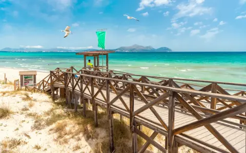 Majorka pogoda zachęca do spaceru drewnianą kładką na piaszczystej plaży. W oddali turkusowe morze i góry.