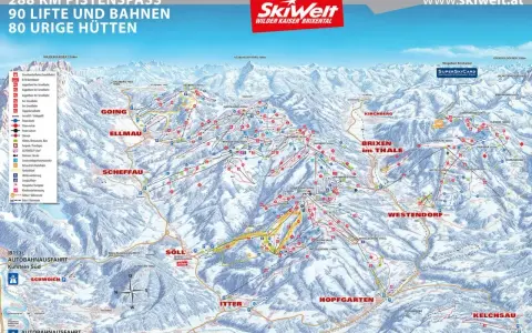 Narty Austria blisko Polski: mapa SkiWelt Wilder Kaiser Brixental z trasami, wyciągami i chatkami. Idealne miejsce na zimowy wypoczynek.