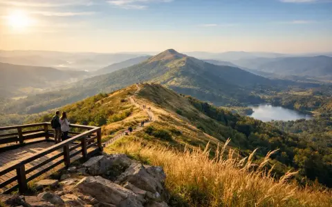 Bieszczady co warto zobaczyć: para na tarasie widokowym podziwia malowniczy szlak i jezioro w dolinie.
