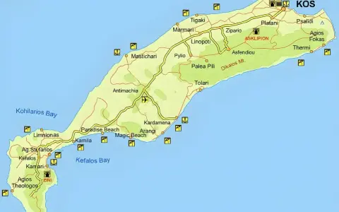 Mapa wyspy Kos z zaznaczonymi plażami (Paradise Beach, Magic Beach), miasteczkami (Kardamena, Tigaki) i górami. Idealna ściągawka, co zobaczyć na Kos!