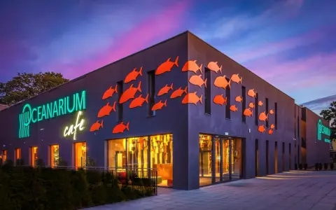 Oceanarium w Międzyzdrojach, jedna z głównych atrakcji, z neonowym napisem i pomarańczowymi rybkami na fasadzie.