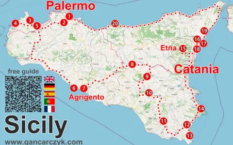Mapa Sycylii z zaznaczoną trasą podróży po Europie. Punkty od 1 do 20 pokazują ciekawe miejsca.