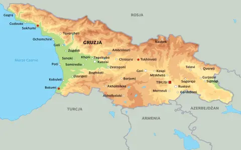 Mapa fizyczna Gruzji z zaznaczonymi miastami i granicami. Pokazuje, gdzie leży Gruzja, między Morzem Czarnym, Rosją, Turcją, Armenią i Azerbejdżanem.