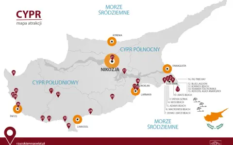 Mapa atrakcji Cypru, idealna na cypr wakacje. Zaznaczone główne miasta i plaże, m.in. Pafos, Limassol, Ajia Napa.