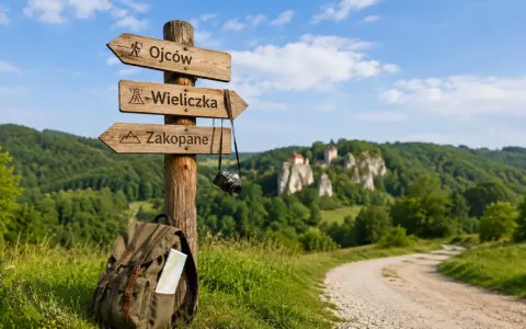 Drewniany drogowskaz z napisami Ojców, Wieliczka, Zakopane. Plecak i aparat sugerują wycieczki z Krakowa.