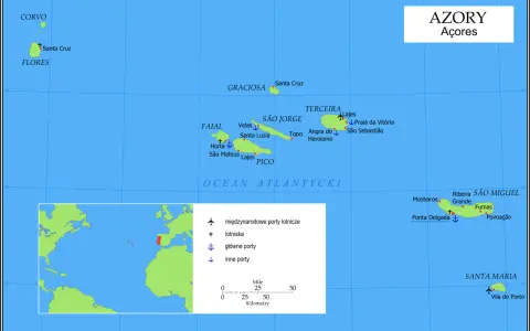 Mapa Azorów na Oceanie Atlantyckim z zaznaczonymi wyspami, miastami i portami.