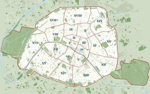 Mapa Paryża z zaznaczonymi dzielnicami (arrondissements). Plan pomoże Ci zdecydować, gdzie spać w Paryżu, wybierając najlepszą lokalizację.