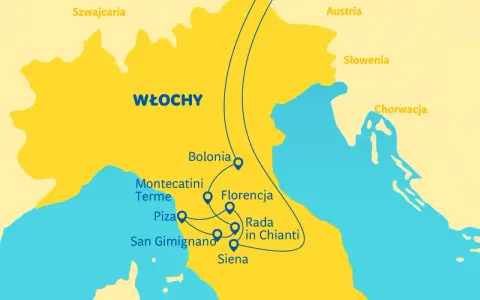 Mapa Włoch z zaznaczoną trasą przez Toskanię: Bolonia, Florencja, Siena, San Gimignano, Piza, Montecatini Terme. Gdzie leży Toskania? Między Szwajcarią a Chorwacją.
