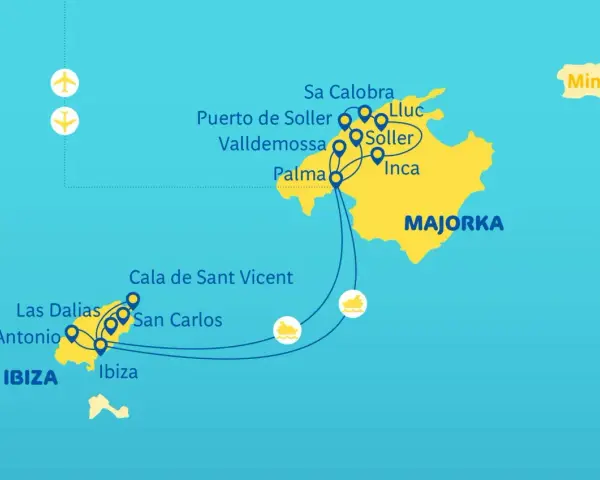 Mapa pokazuje, gdzie leży Majorka, z zaznaczonymi trasami do Ibizy i Minorki.