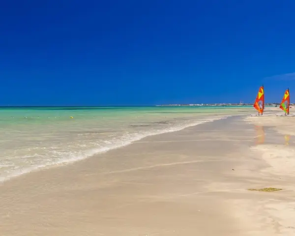 Piękna, słoneczna plaża w Tunezji we wrześniu. Trzy kolorowe żagle desek do windsurfingu stoją na piasku.