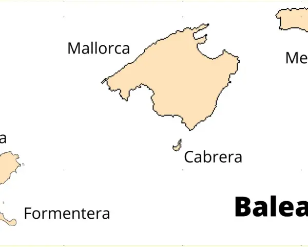 Mapa Balearów: Mallorca, Menorca, Cabrera, Ibiza i Formentera. Gdzie jest Ibiza? Na zachód od Majorki.