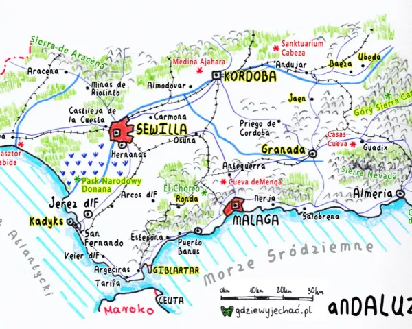Mapa turystyczna południa Hiszpanii: Sewilla, Kordoba, Granada, Malaga, Almeria. Widoczne wybrzeże, góry i miasta.