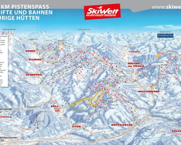 Narty Austria blisko Polski: mapa SkiWelt Wilder Kaiser Brixental z trasami, wyciągami i chatkami. Idealne miejsce na zimowy wypoczynek.