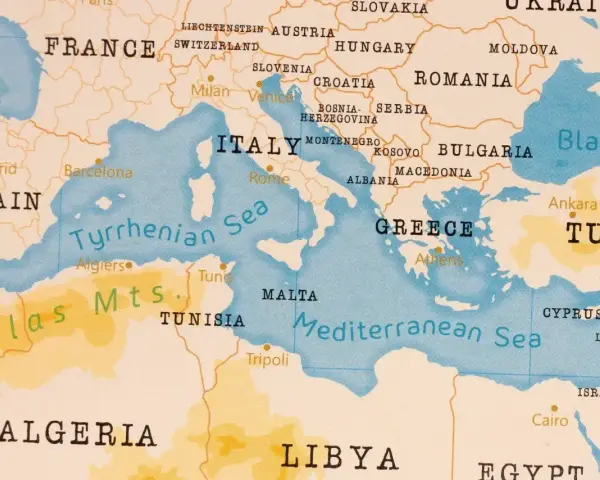 Mapa Europy i Afryki Północnej. Widać Włochy, Grecję, Turcję, Libię, Tunezję, Algierię. Gdzie leży Chorwacja? Między Słowenią a Bośnią i Hercegowiną.