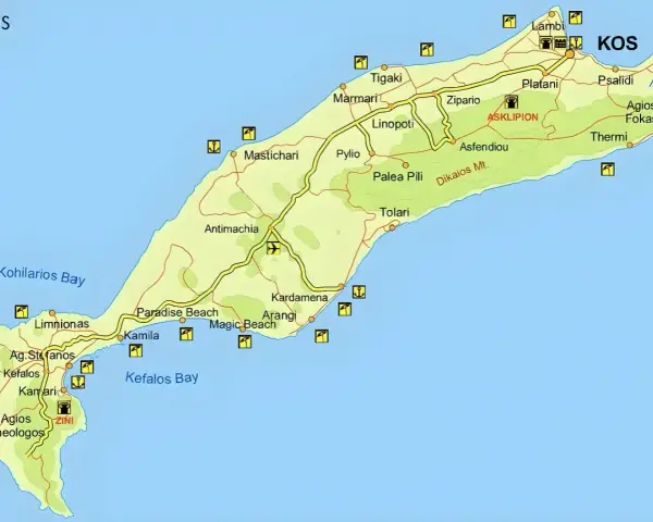 Mapa wyspy Kos z zaznaczonymi plażami (Paradise Beach, Magic Beach), miasteczkami (Kardamena, Tigaki) i górami. Idealna ściągawka, co zobaczyć na Kos!