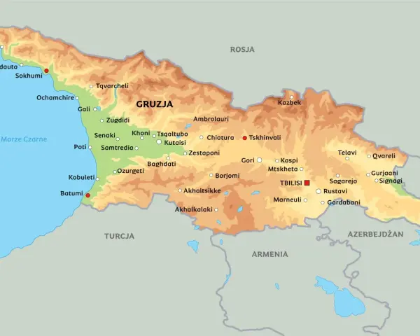 Mapa fizyczna Gruzji z zaznaczonymi miastami i granicami. Pokazuje, gdzie leży Gruzja, między Morzem Czarnym, Rosją, Turcją, Armenią i Azerbejdżanem.