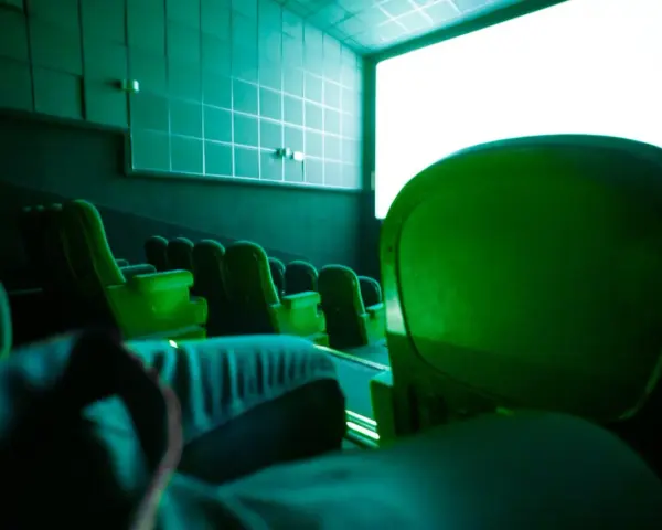 Puste zielone fotele kinowe, idealne na jastrzębia góra atrakcje na niepogodę. Czekamy na film!