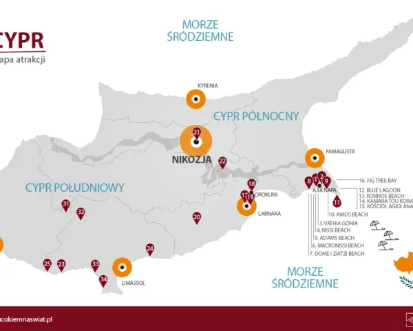 Mapa atrakcji Cypru, idealna na cypr wakacje. Zaznaczone główne miasta i plaże, m.in. Pafos, Limassol, Ajia Napa.
