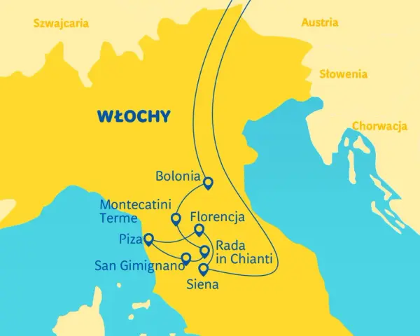 Mapa Włoch z zaznaczoną trasą przez Toskanię: Bolonia, Florencja, Siena, San Gimignano, Piza, Montecatini Terme. Gdzie leży Toskania? Między Szwajcarią a Chorwacją.